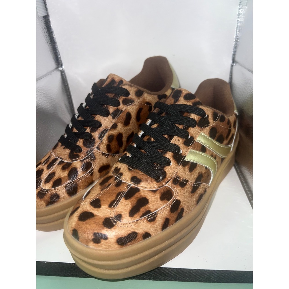 Le Sheelah TOPPING-18 Leopard Print Platform Sneakers Womens Size 6 Gold Stripe